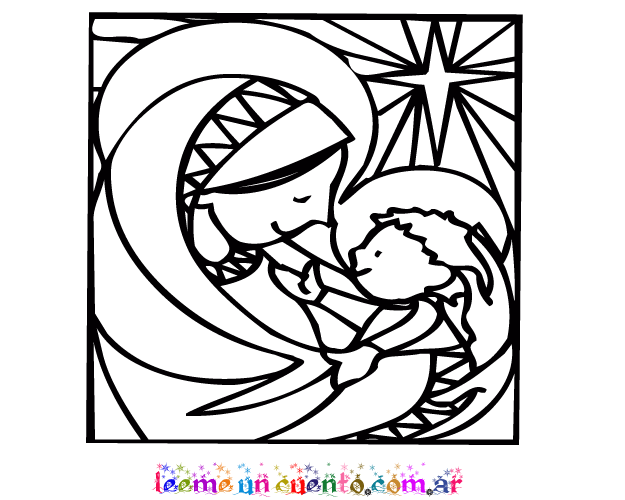Dibujo del niño Jesús María para colorear. Dibujos navideños para imprimir. Noche  buena, el niñito con María Nacimiento.